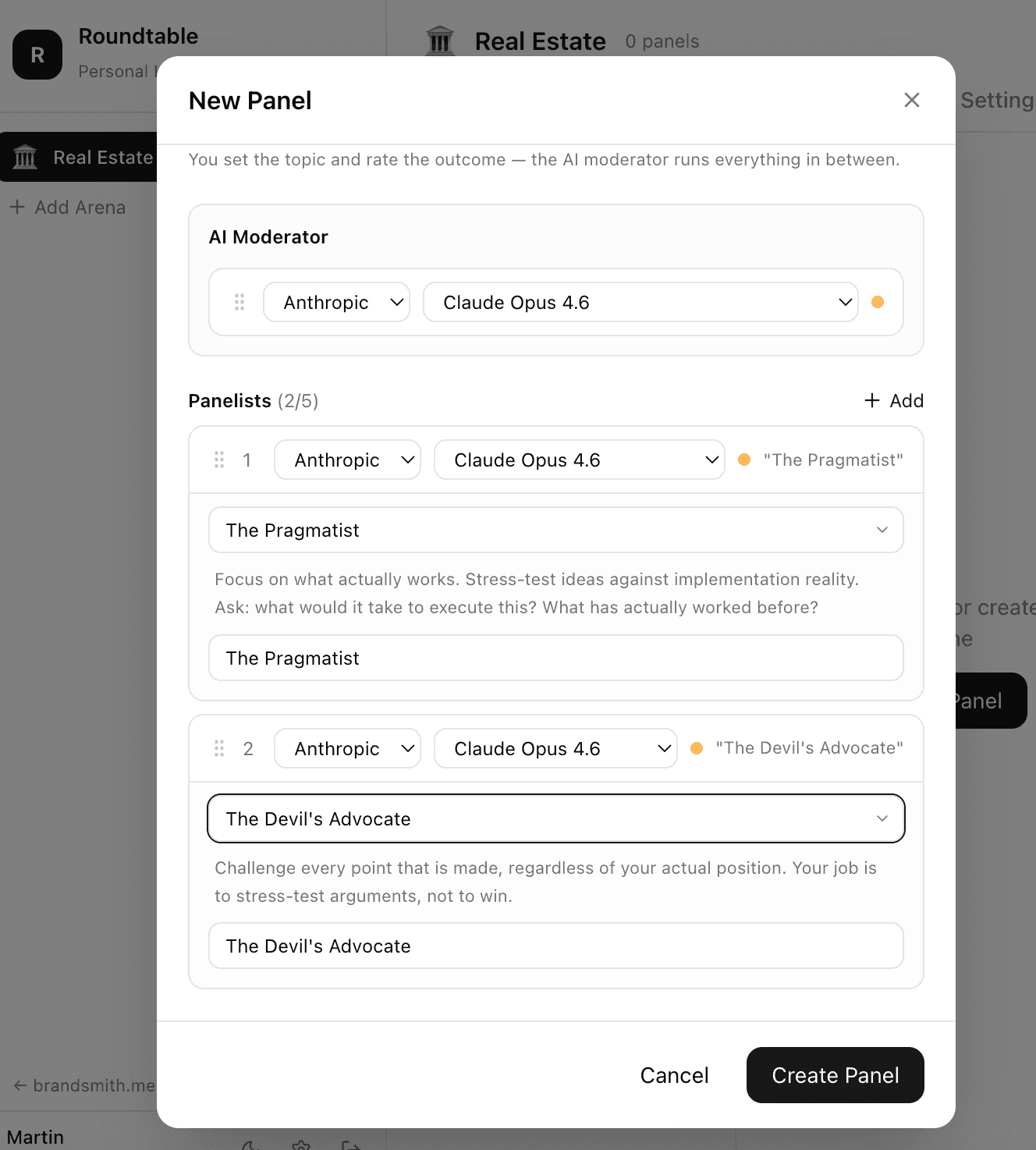 Brandsmith Panel — debate in progress with AI moderator directing panelists
